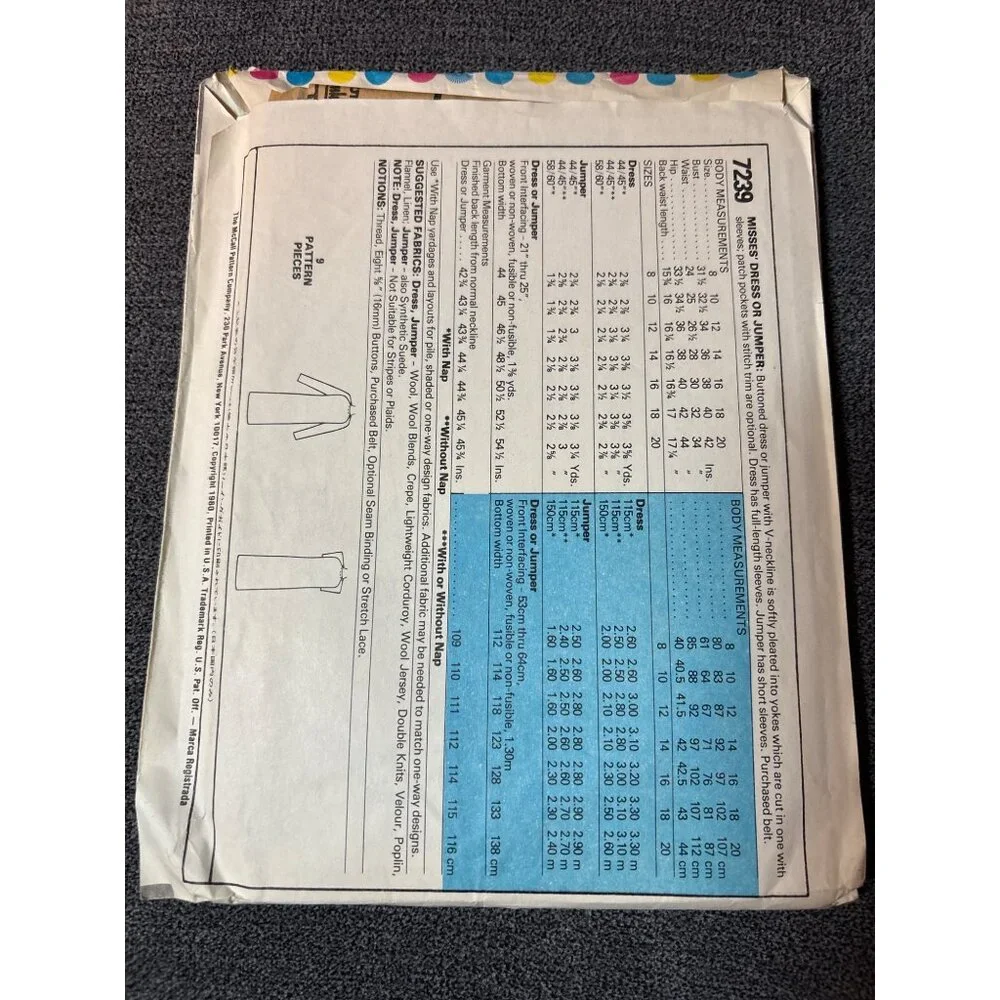 McCalls Vintage Sewing Pattern 7239 Misses Dress Size 18 uncut